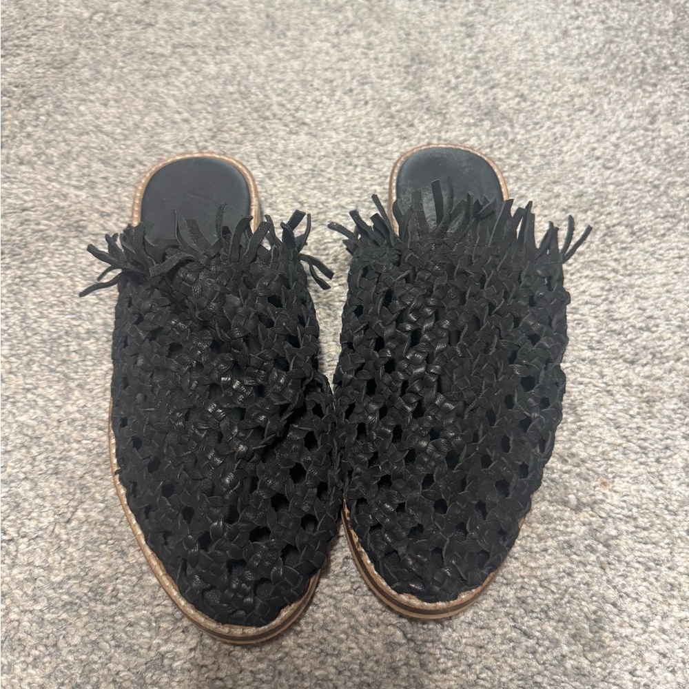 Free People Black Fringe Mules